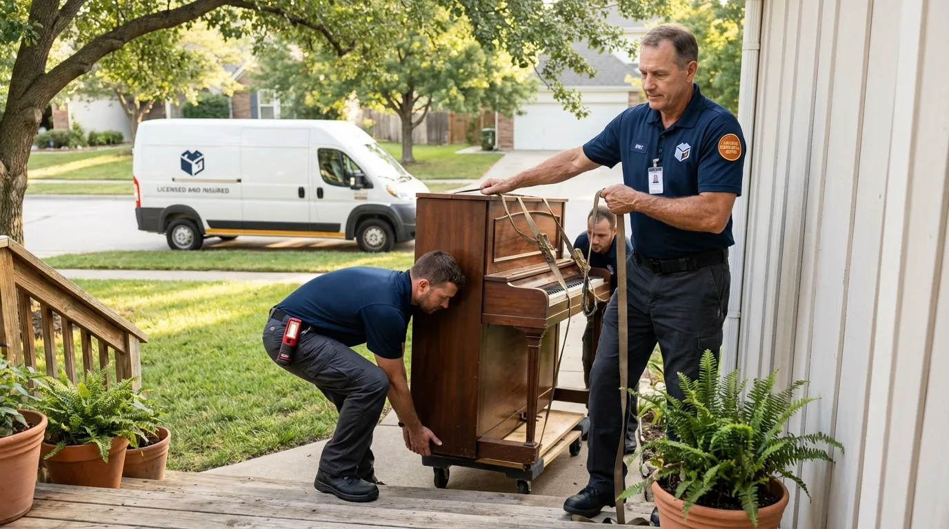 Licensed piano movers securing grand piano in Garden City, MO