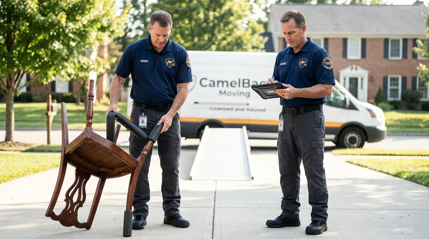 Movers inspecting furniture for damage prevention before loading in Garden City, MO