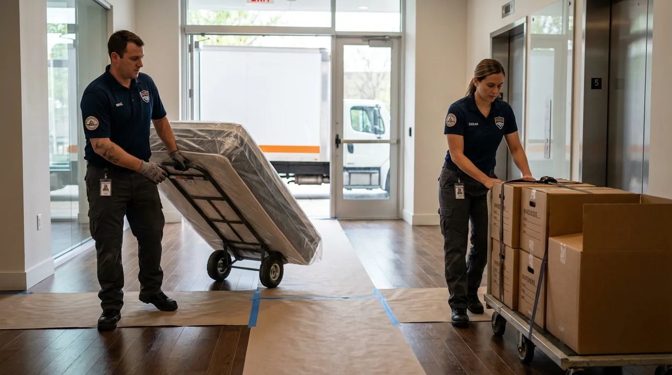 Professional apartment movers loading elevator in Garden City, MO